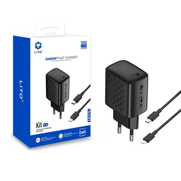 Stenski 30W polnilec Lito "LC17L" z GaN tehnologijo in Lightning kablom - black