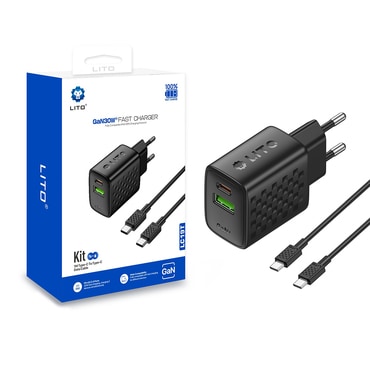 Stenski 30W polnilec Lito "LC19T" USB-C in USB izhod, GaN - black