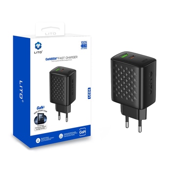 Stenski 65W polnilec Lito "LC24" GaN, USB-C in USB - black