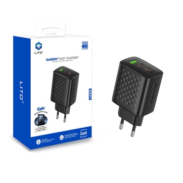 Stenski 65W polnilec Lito "LC25" 2x USB-C, USB izhod, GaN - black