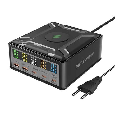 Stenski 260W polnilec Blitzwolf "BW-S28" 2x USB-A, 3x USB-C, 15W brezžično polnjenje - black