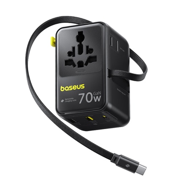70W Potovalni adapter Baseus "EnerCore CG11 (E0307E00)" EU/UK/US/AU, 2x AC, 2x USB-A, USB-C z izvlečnim USB-C kablom - black