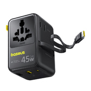 45W Potovalni adapter Baseus "PicoGo AG11 (E0307F00)" EU/UK/US/AU, 2x AC, 2x USB-A, USB-C z izvlečnim USB-C kablom - black