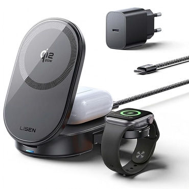 Brezžična 25W polnilna postaja Lisen "W121 3-in-1" MagSafe Qi2.2 za iPhone, Apple Watch in AirPods - black