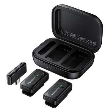 (2-pack) Brezžični lavalier mikrofon Borofone "Lemai BFK17" z USB-C, polnilnim etuijem in odpravljanjem šumov - črn