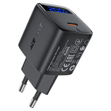 Mini stenski 20W polnilec Acefast "A113" z digitalnim prikazovalnikom, GaN - črn