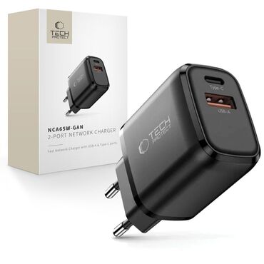 Stenski 65W polnilec Tech-Protect "NCA65W-GAN" 2x USB - črn
