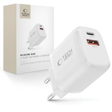 Stenski 65W polnilec Tech-Protect "NCA65W-GAN" 2x USB - bel