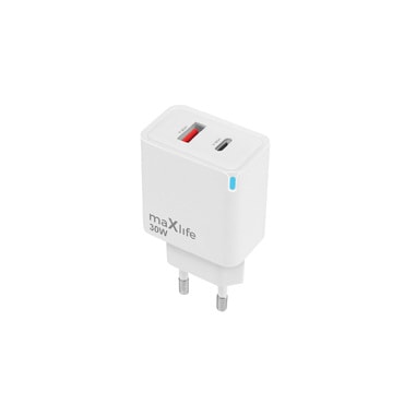 Stenski polnilec Maxlife MXTC-09-30AC GaN - 30W, USB-C + USB-A, PD/QC - white