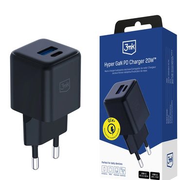 Stenski 20W polnilec 3mk "Hyper" USB-A in USB-C, GaN tehnologija - black