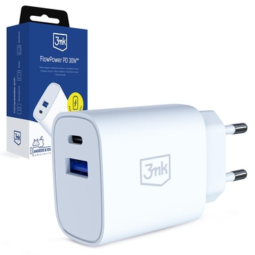 Stenski 30W polnilec 3mk "GaN" USB in USB-C, PD 3.0, QC4 - white