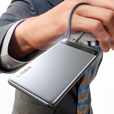 Power bank Lisen "Ultra-Slim" 10000mAh z vgrajenim USB-C kablom, PD22.5W, LED prikazovalnik - gray