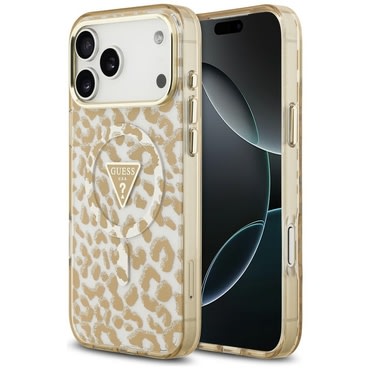 Ovitek Guess "Leopard Glitter Triangle Logo MagSafe" za iPhone 17 Pro / 18 Pro - brown
