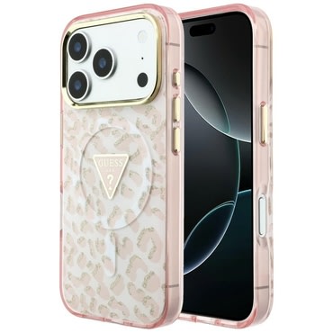 Ovitek Guess "Leopard Glitter Triangle Logo MagSafe" za iPhone 17 Pro / 18 Pro - pink