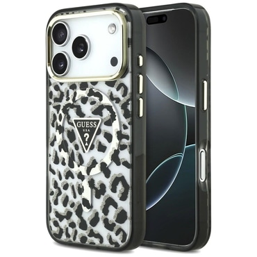 Ovitek Guess "Leopard Glitter Triangle Logo MagSafe" za iPhone 17 Pro / 18 Pro - black