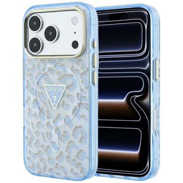 Ovitek Guess "Leopard Glitter Triangle Logo MagSafe" za iPhone 17 Pro Max / 18 Pro Max - light blue