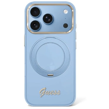 Premium ovitek Guess "Ring Stand Script Metal Logo MagSafe" za iPhone 17 Pro Max / 18 Pro Max - light blue