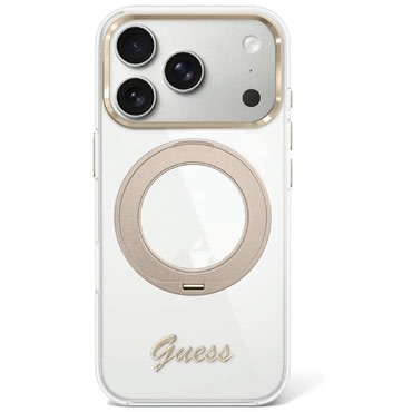 Premium ovitek Guess "Ring Stand Script Metal Logo MagSafe" za iPhone 17 Pro / 18 Pro - clear