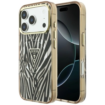 Ovitek Guess "Leopard Glitter Triangle Logo MagSafe" za iPhone 17 Pro / 18 Pro - gold