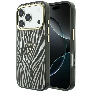 Ovitek Guess "Leopard Glitter Triangle Logo MagSafe" za iPhone 17 Pro Max / 18 Pro Max - silver