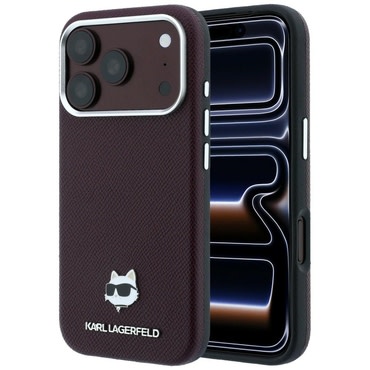 Premium ovitek Karl Lagerfeld "Grained Leather Choupette Head MagSafe" za iPhone 17 Pro / 18 Pro - burgundy