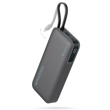 Power bank Cuktech "LPB200N" 20000mAh z vgrajenim kablom, USB-C in Lightning, LED prikazovalnik, 45W - black