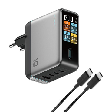 Stenski polnilec Cuktech "AD1204U" 120W, 3x USB-C, z zaslonom in upravljanjem na dotik - grey