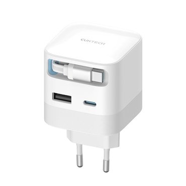 Stenski polnilec Cuktech "AD653W" 67W z izvlečnim USB-C kablom, USB-C, USB, GaN tehnologija - white