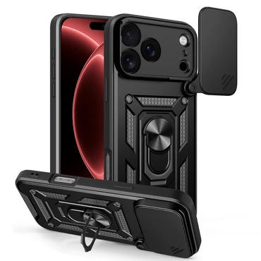 Oklepni ovitek MaX-Armor z obročem, kovinsko ploščico in zaščito zadnjih kamer za iPhone 17 Pro Max / 18 Pro Max - black