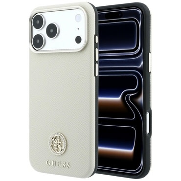 Premium ovitek Guess "Grained Leather Round Strass Logo MagSafe" za iPhone 17 Pro / 18 Pro - beige