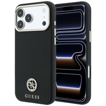 Premium ovitek Guess "Grained Leather Round Strass Logo MagSafe" za iPhone 17 Pro Max / 18 Pro Max - black