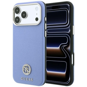 Premium ovitek Guess "Grained Leather Round Strass Logo MagSafe" za iPhone 17 Pro Max / 18 Pro Max - light blue