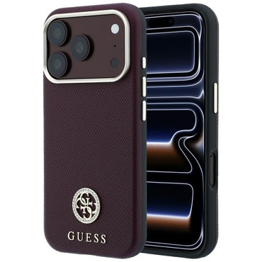 Premium ovitek Guess "Grained Leather Round Strass Logo MagSafe" za iPhone 17 Pro Max / 18 Pro Max - burgundy