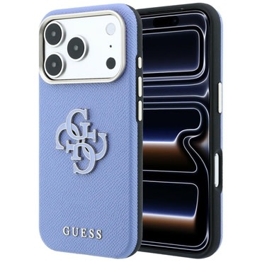 Ovitek Guess "Grained Leather and Big Resin Logo" za iPhone 17 Pro / 18 Pro - light blue