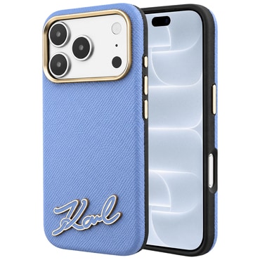 Premium ovitek Karl Lagerfeld "Grained Leather with Resin Sign Logo MagSafe" za iPhone 17 Pro / 18 Pro - light blue