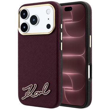 Premium ovitek Karl Lagerfeld "Grained Leather with Resin Sign Logo MagSafe" za iPhone 17 Pro Max / 18 Pro Max - burgundy