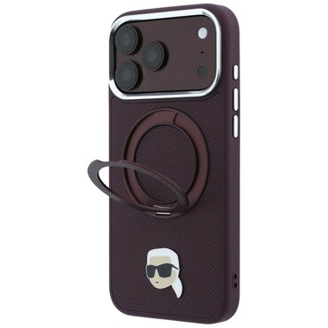 Premium ovitek Karl Lagerfeld "Leather Ring Stand 360 C Pin" za iPhone 17 Pro / 18 Pro - burgundy