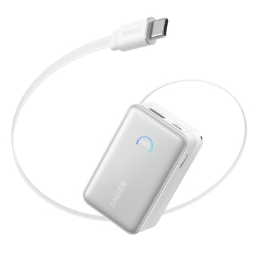Power bank Anker "Nano (A1638H21)" 10000mAh, 45W, z vgrajenim USB-C izvlečnim kablom in pametnim prikazovalnikom - white