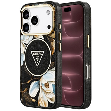 Ovitek Guess "IML Metal Glitter Flowers Triangle MagSafe" za iPhone 17 Pro Max / 18 Pro Max - black