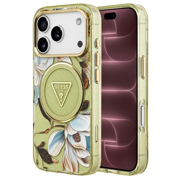 Ovitek Guess "IML Metal Glitter Flowers Triangle MagSafe" za iPhone 17 Pro Max / 18 Pro Max - green