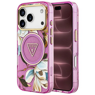 Ovitek Guess "IML Metal Glitter Flowers Triangle MagSafe" za iPhone 17 Pro Max / 18 Pro Max - purple