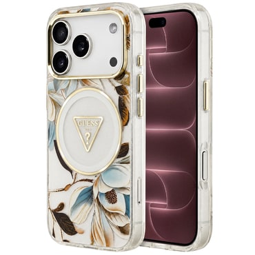 Ovitek Guess "IML Metal Glitter Flowers Triangle MagSafe" za iPhone 17 Pro Max / 18 Pro Max - white
