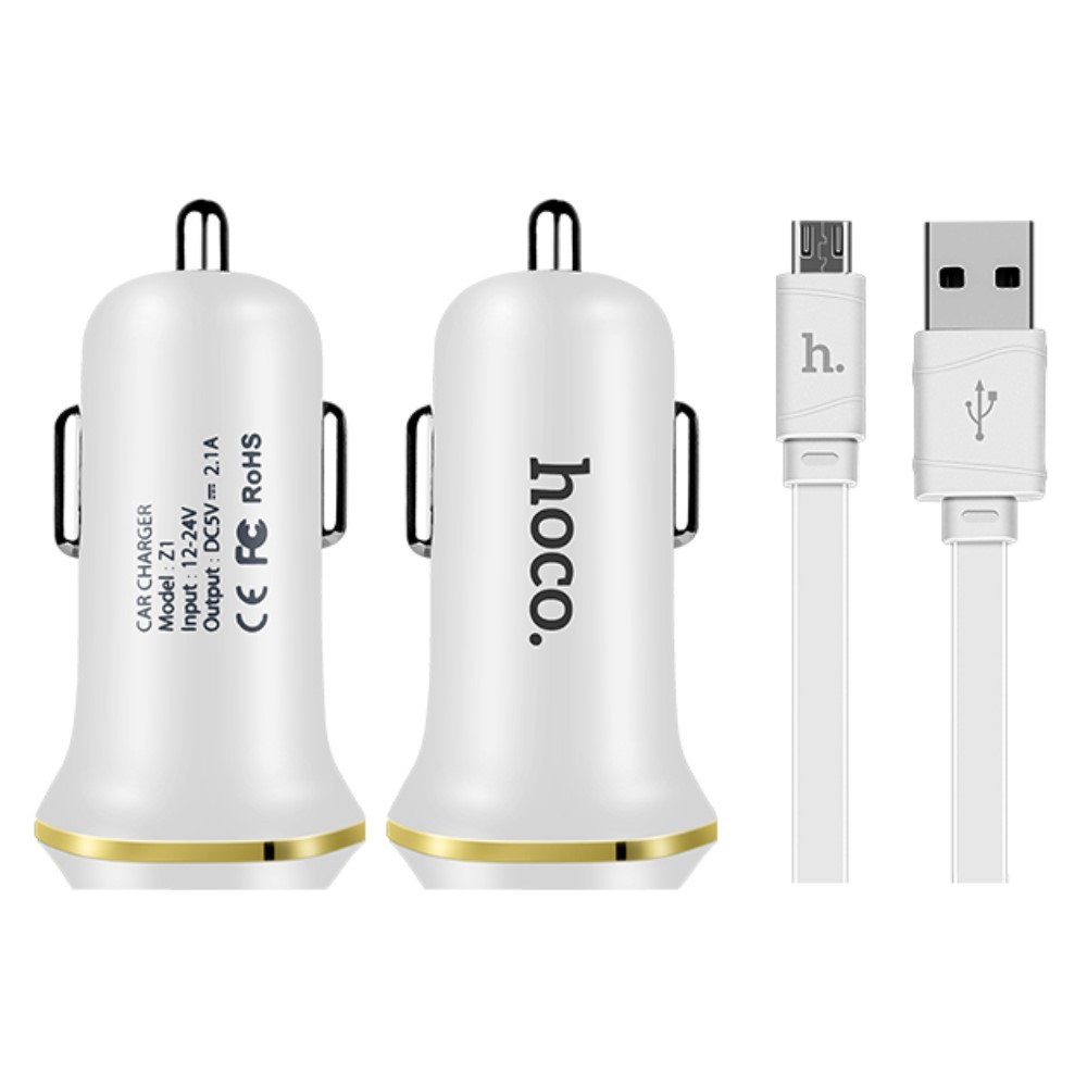Avtopolnilec 2.1A Hoco "Z1" s priloženim mikro USB kablom - bel