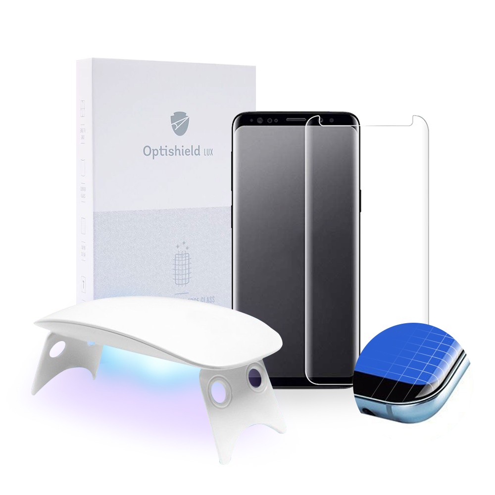 Premium zaščitno steklo Optishield Lux za Samsung Galaxy S8 Plus in UV svetilka