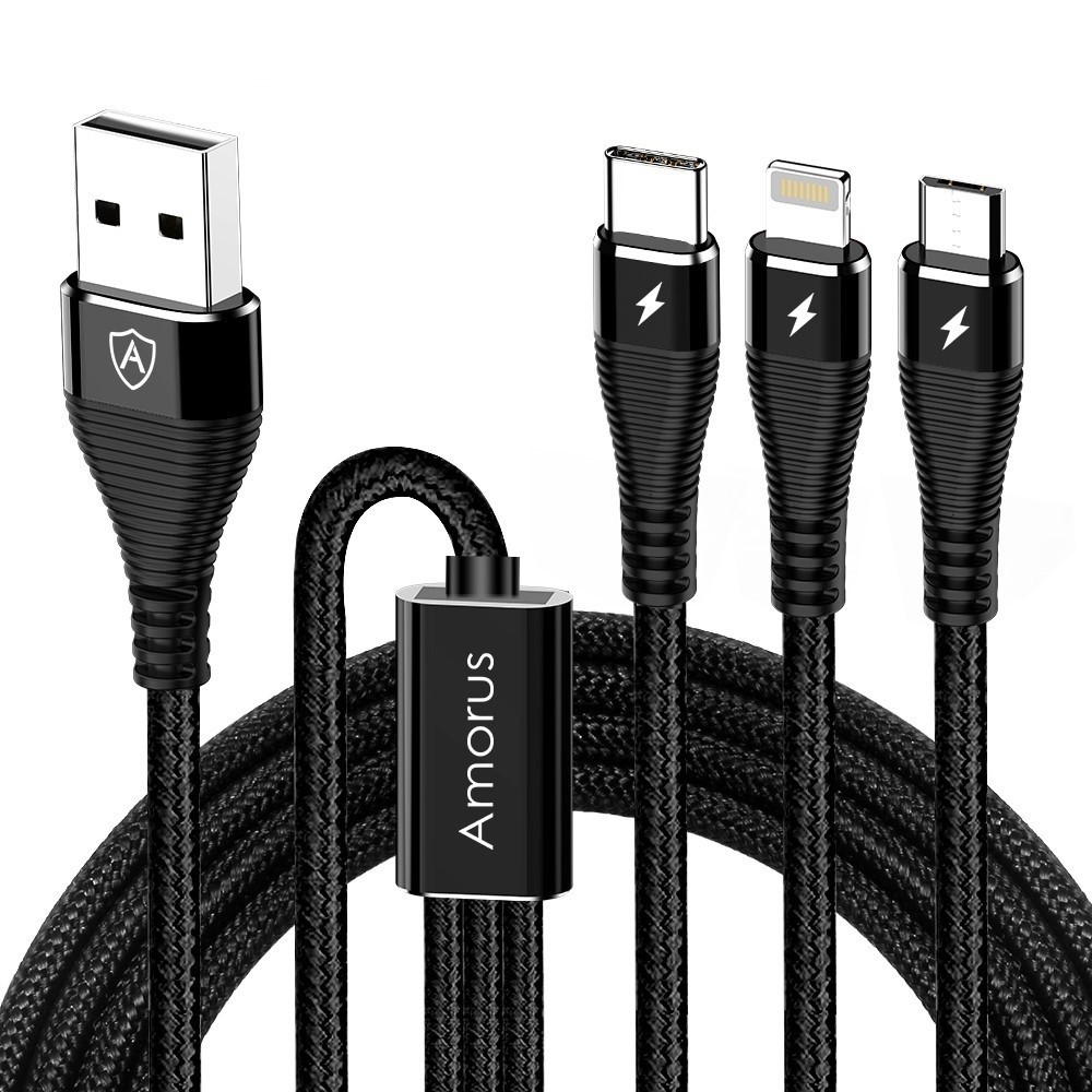 Multifunkcijski USB-C, Micro USB in Lightning polnilni kabel Amorus 3 v 1 - črn
