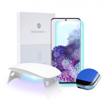 Premium zaščitno steklo Optishield Lux za Samsung Galaxy S20 Plus in UV svetilka
