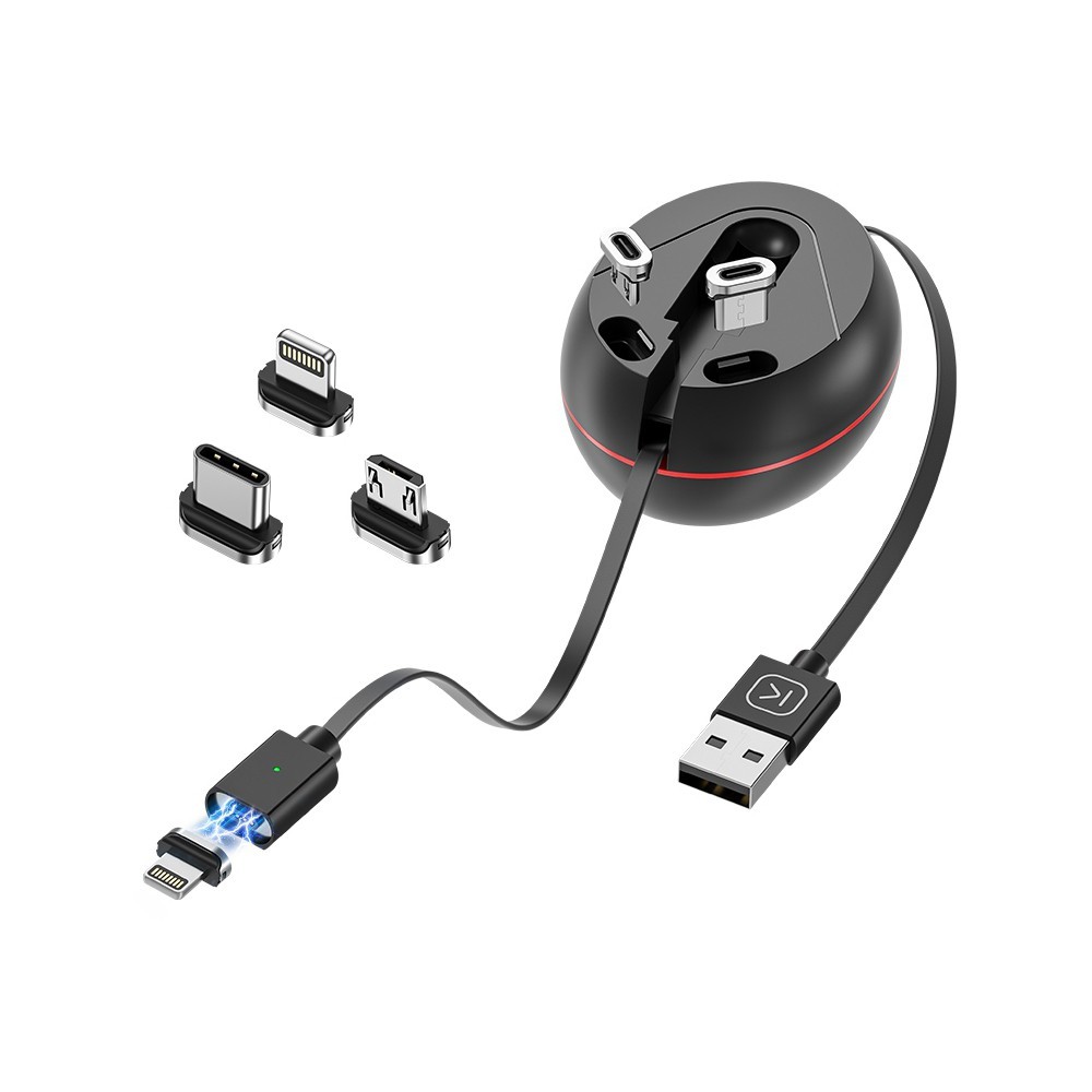 Praktičen in zložljiv 3 v 1 kabel "Stretchy" z USB-C, Micro USB in Lightning priključkom - črn