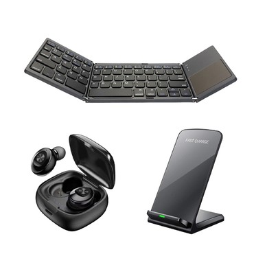 "Freelancer" paket s prenosno tipkovnico, Bluetooth earbuds slušalkami in brezžično polnilno postajo