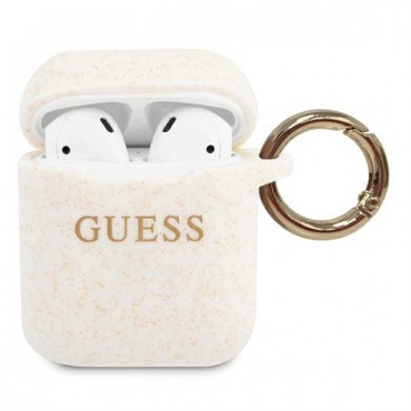 Originalen silikonski ovitek Guess "Glitter" za Apple AirPods - bel