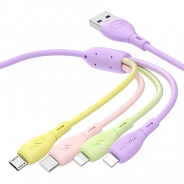 USB-C, Micro USB in Lightning 4 v 1 "Macaron" polnilni kabel 2.4A - 1.2m - vijoličen